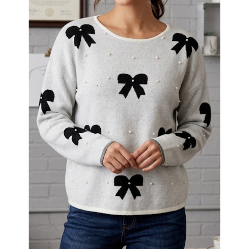 Catherine Malandrino Sweater Bows Pearls Women's Sz L  Gray Black Long Sleeve